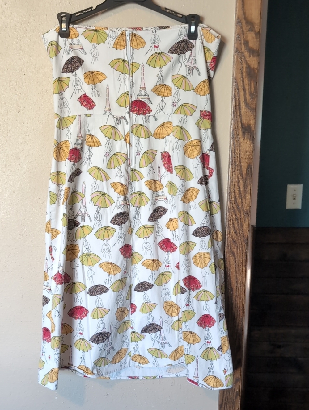 White Strapless Umbrella-Print Dress with Red Waistband - Picture 3 of 7